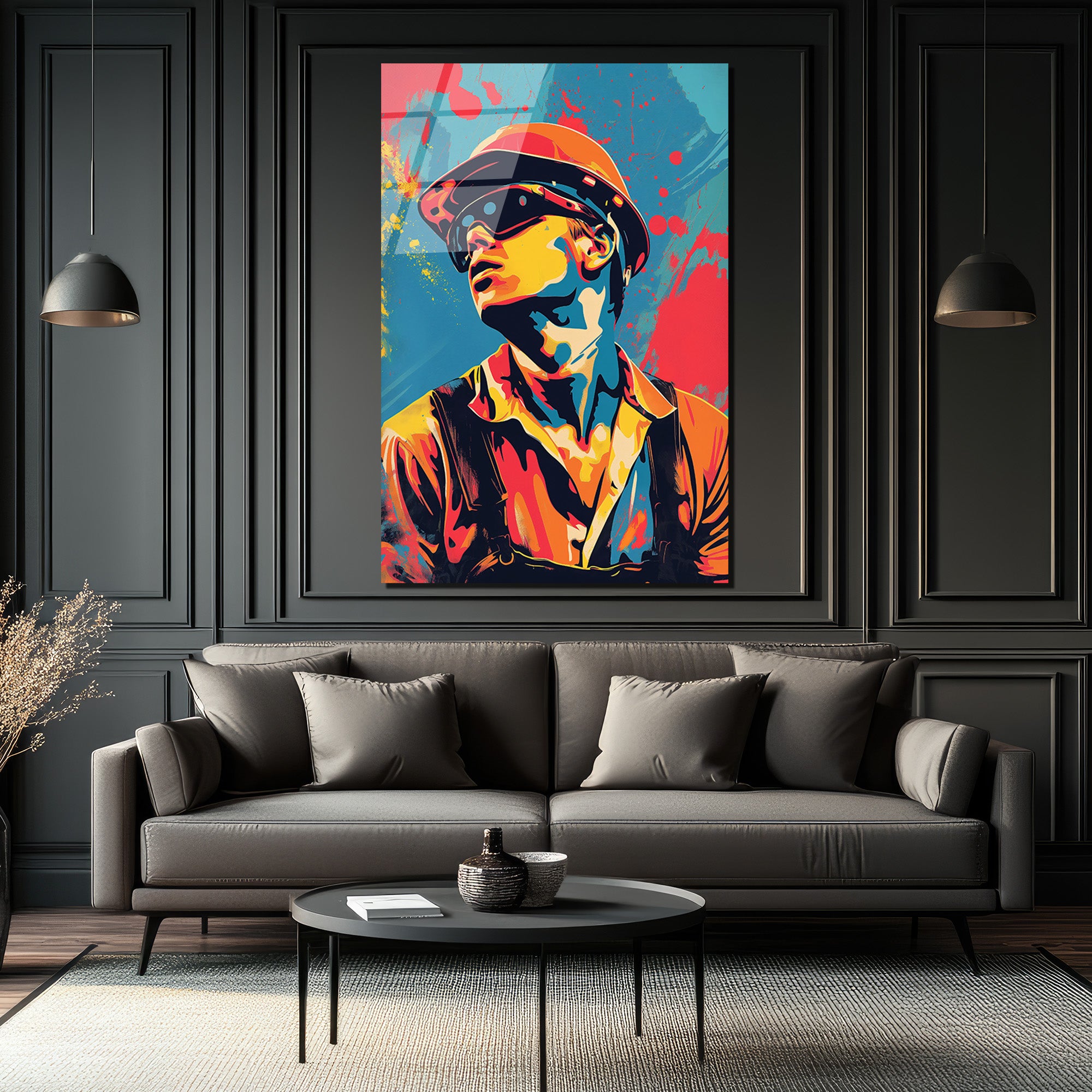 Dinamik Pop Art İşçi Portresi Cam Tablo