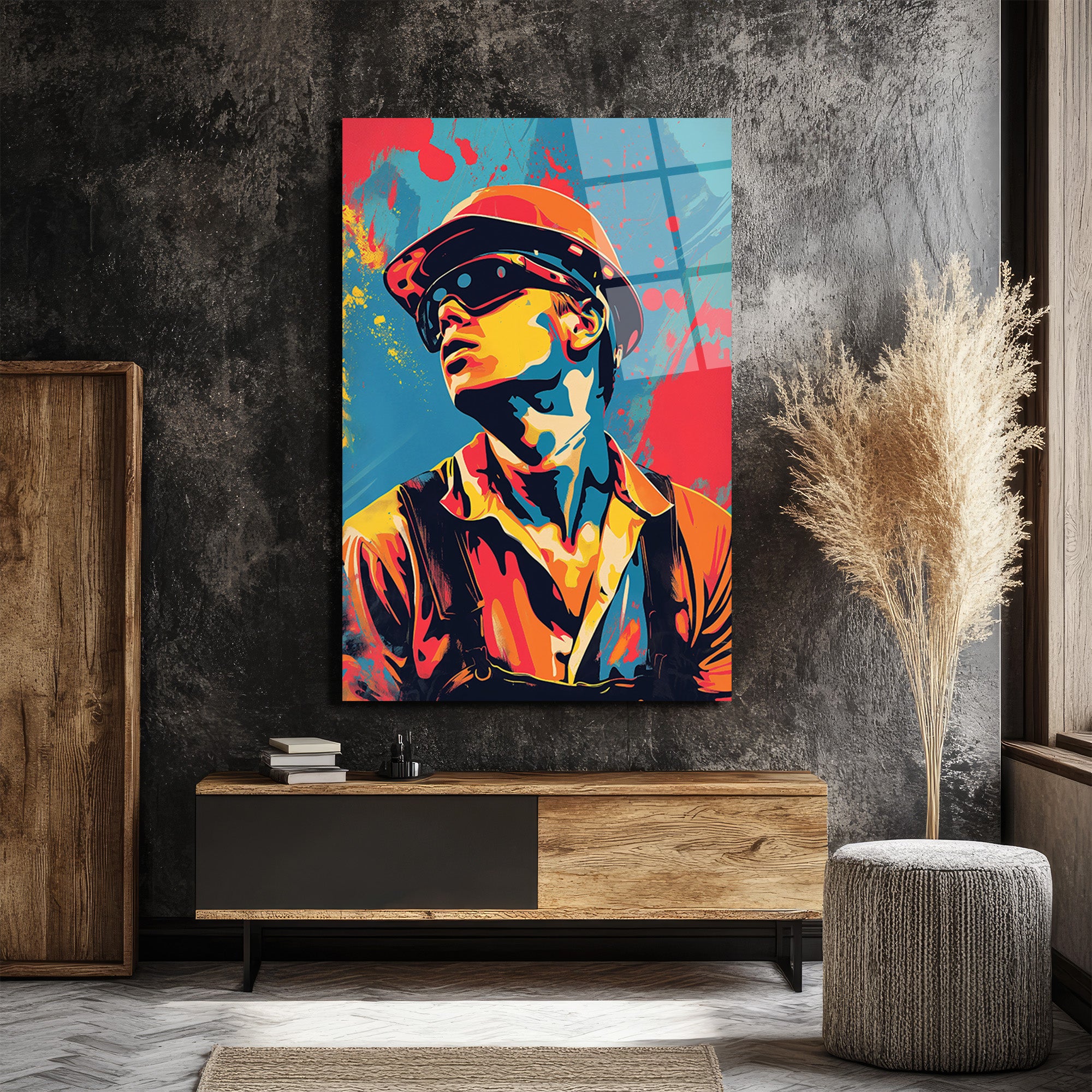 Dinamik Pop Art İşçi Portresi Cam Tablo