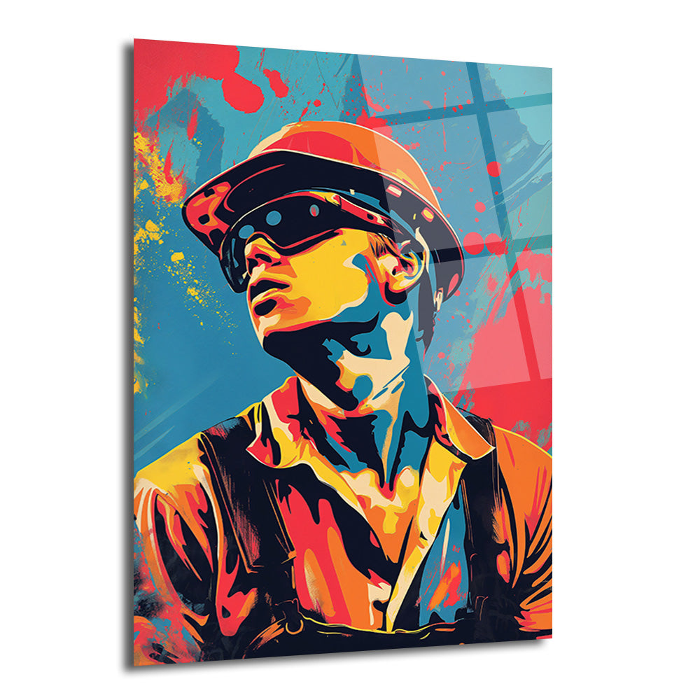 Canlı ve dinamik pop art tarzında çizilmiş, baret ve gözlüklü bir işçinin renkli portresi. Kırmızı, mavi, sarı ve turuncu tonlarında fırça darbeleri ve sıçramalarla bezeli modern bir cam tablo.