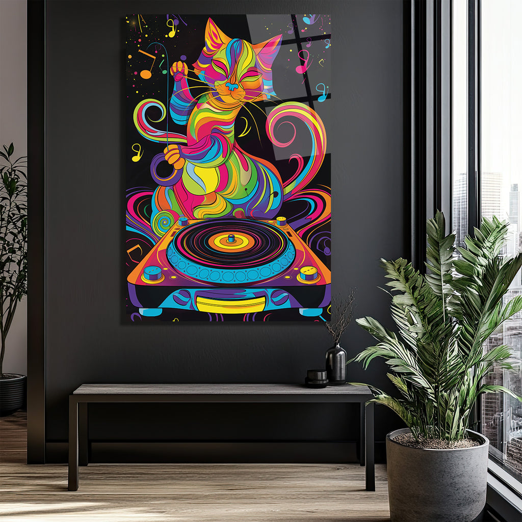 Psikedelik DJ Kedi Temalı Canlı Renkli Cam Tablo