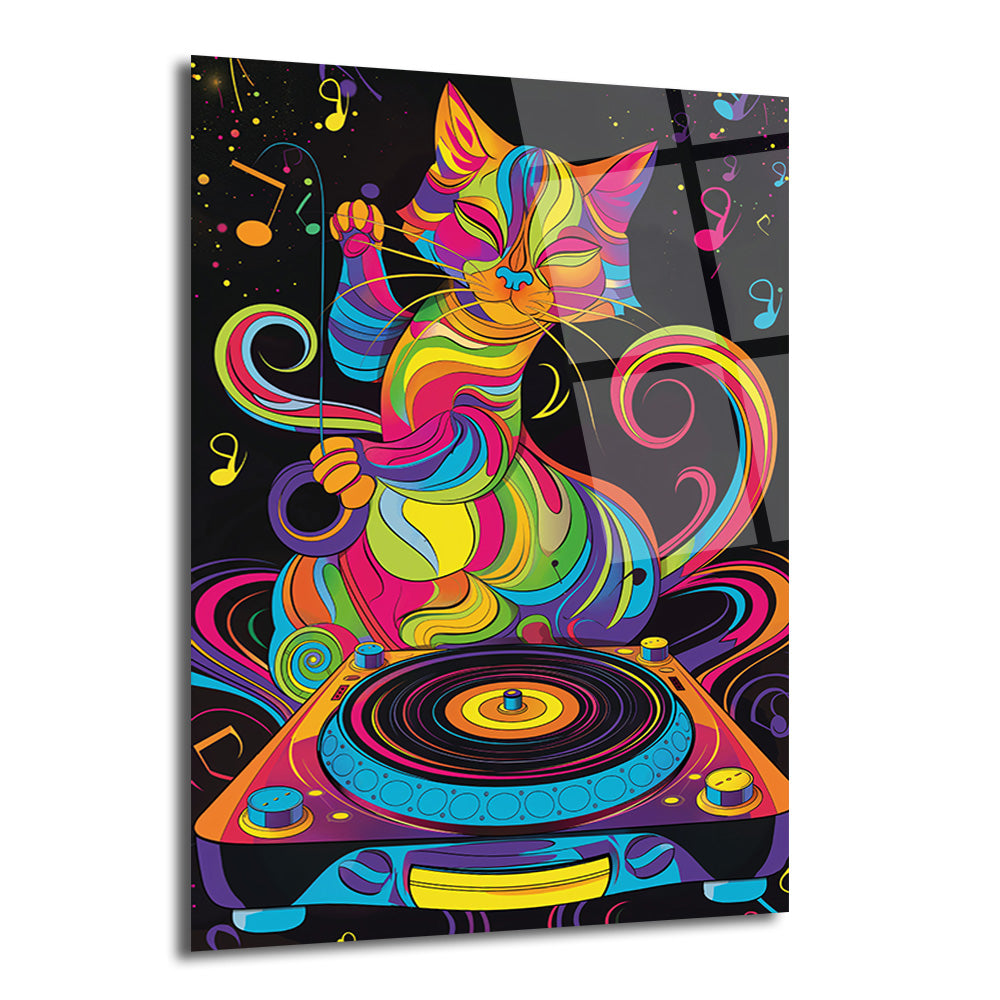 Siyah arka plan üzerinde neon renklerde, canlı ve soyut bir DJ kedi figürü. Kedi, pikap başında müzik çalarken görülüyor, çevresinde renkli müzik notaları ve yıldızlar uçuşuyor. Kedi ve pikap, pembe, mavi, yeşil, sarı ve mor gibi parlak tonlarda, girdaplı desenlerle dolu.