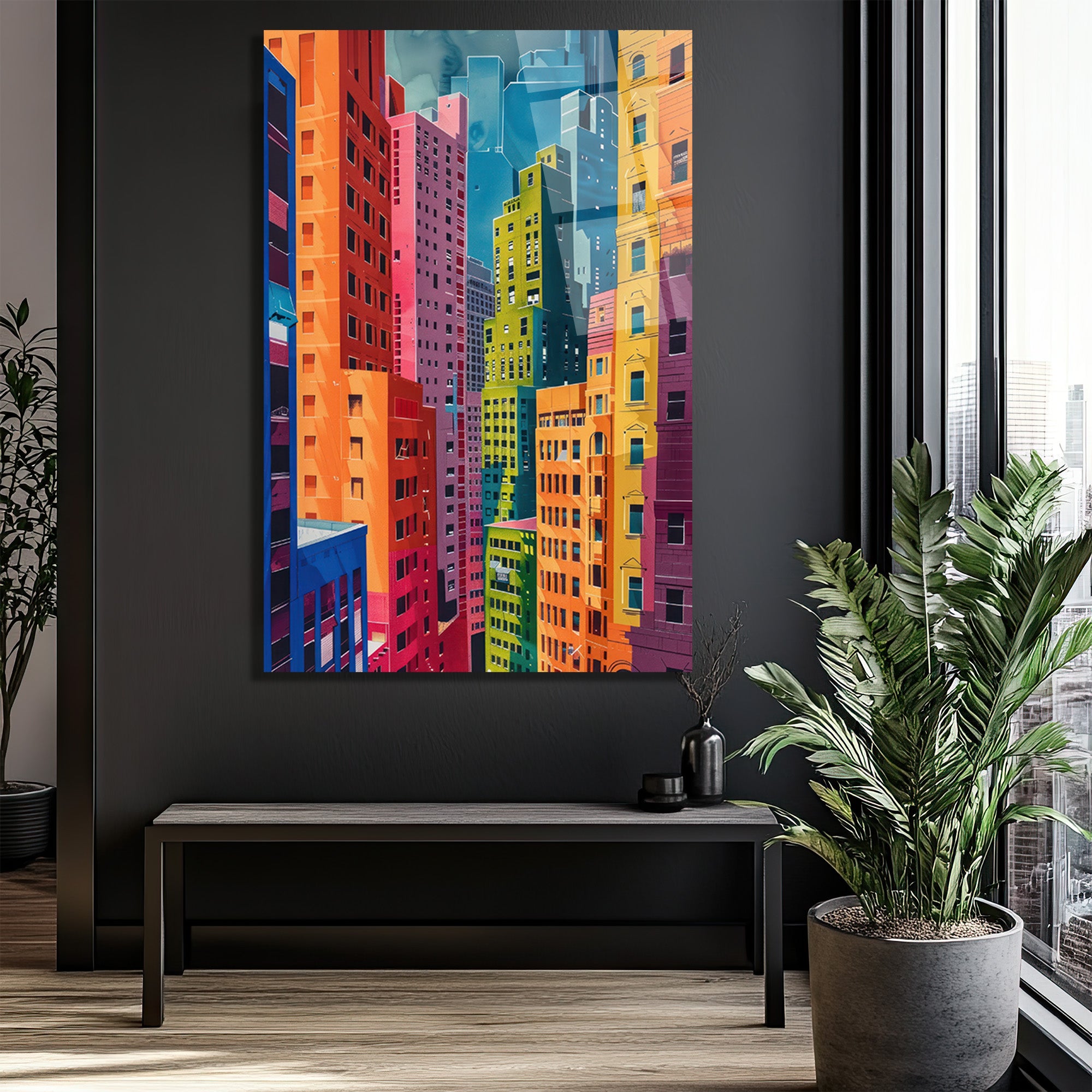 Canlı Şehir Silüeti Modern Sanat Cam Tablo