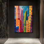 Canlı Şehir Silüeti Modern Sanat Cam Tablo