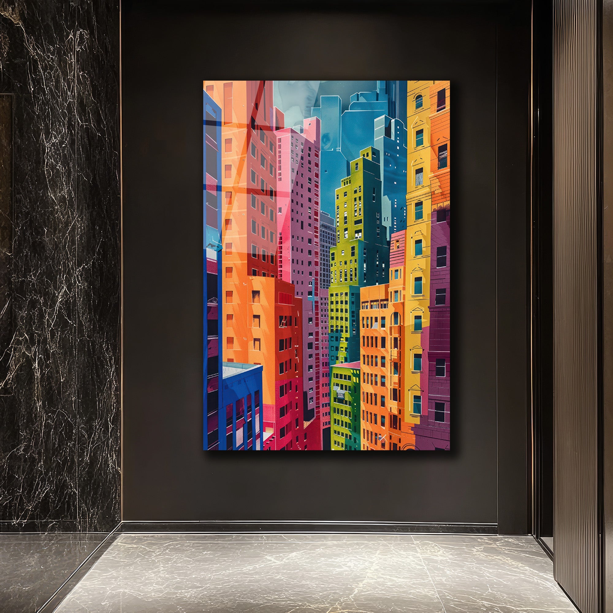 Canlı Şehir Silüeti Modern Sanat Cam Tablo