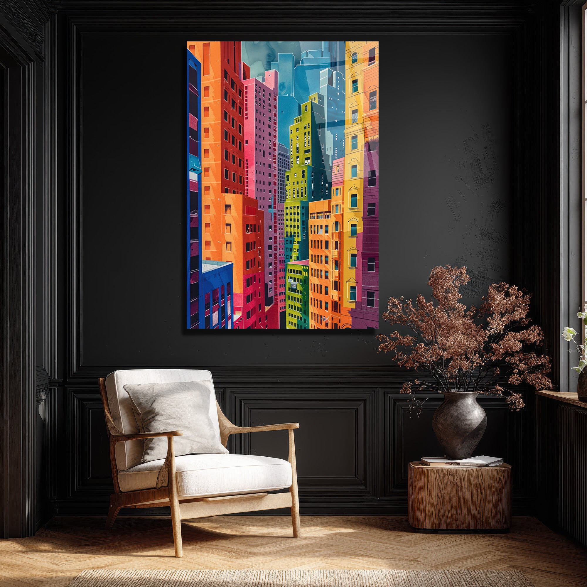 Canlı Şehir Silüeti Modern Sanat Cam Tablo