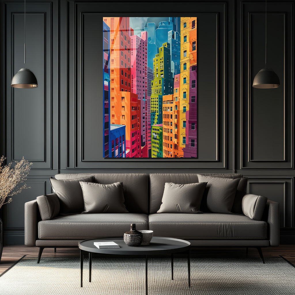Canlı Şehir Silüeti Modern Sanat Cam Tablo