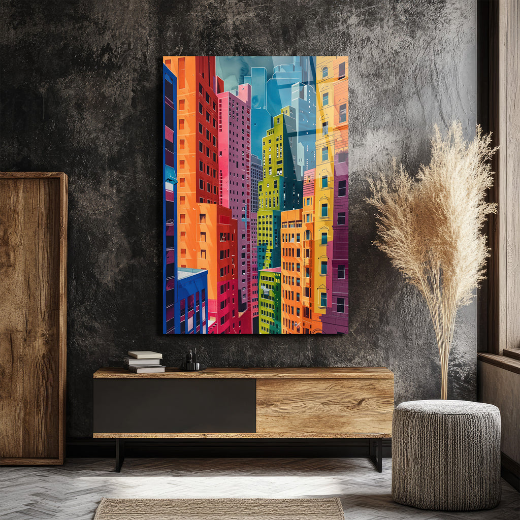 Canlı Şehir Silüeti Modern Sanat Cam Tablo