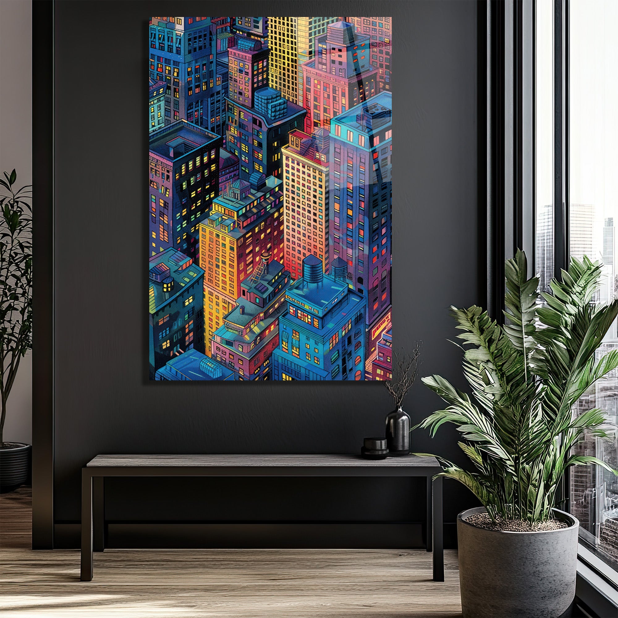 Şehrin Işıkları Cam Tablo | Modern Metropolis Sanatı