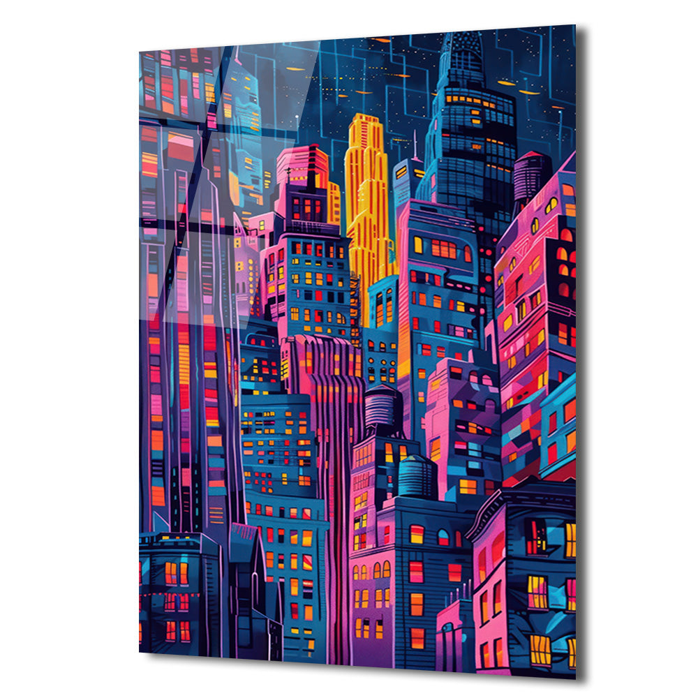 Neon Şehir Işıkları Cam Tablo: Modern Metropolis Sanatı