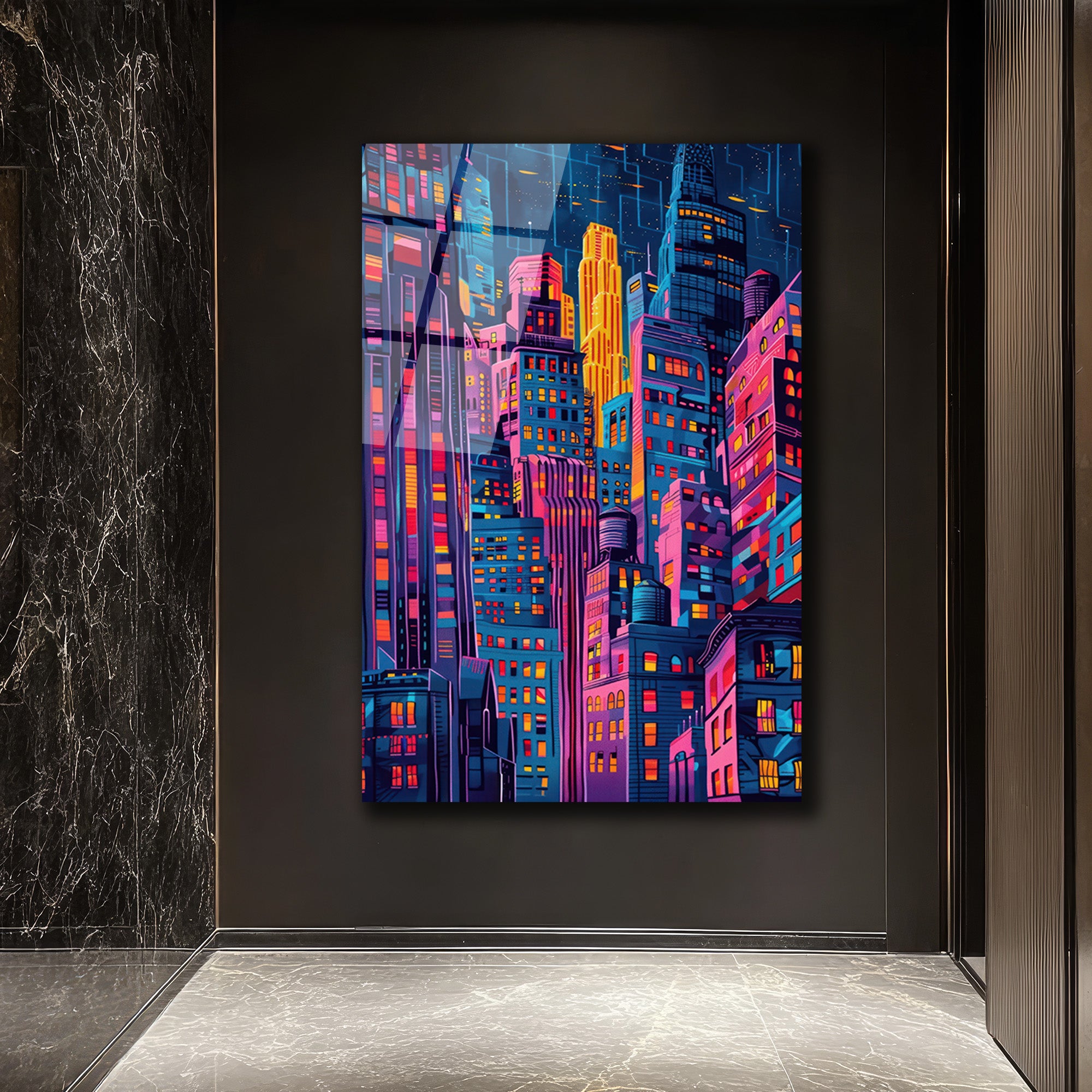 Neon Şehir Işıkları Cam Tablo: Modern Metropolis Sanatı