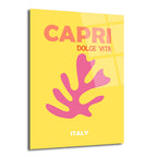 Canlı sarı arka plan üzerinde pembe stilize bir deniz bitkisi deseni ve 'CAPRI DOLCE VITA ITALY' yazısı bulunan modern cam tablo.