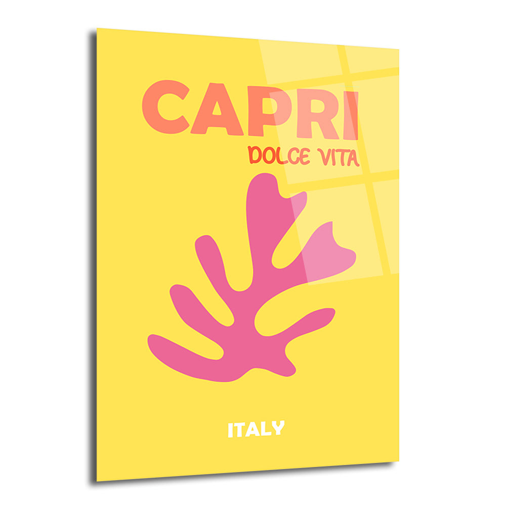 Canlı sarı arka plan üzerinde pembe stilize bir deniz bitkisi deseni ve 'CAPRI DOLCE VITA ITALY' yazısı bulunan modern cam tablo.