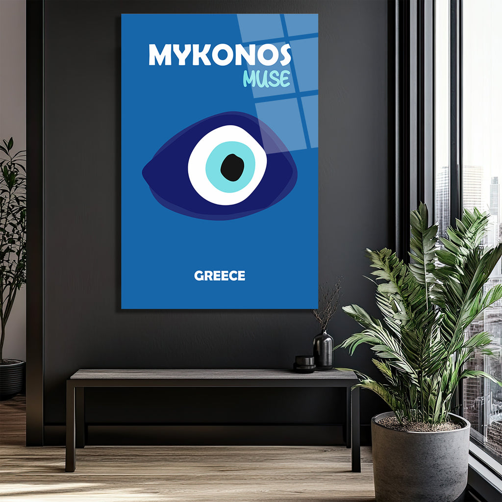Mykonos Muse Nazar Boncuğu Temalı Mavi Cam Tablo