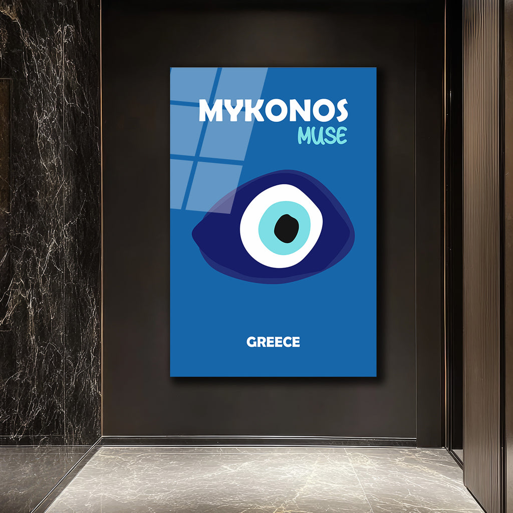 Mykonos Muse Nazar Boncuğu Temalı Mavi Cam Tablo
