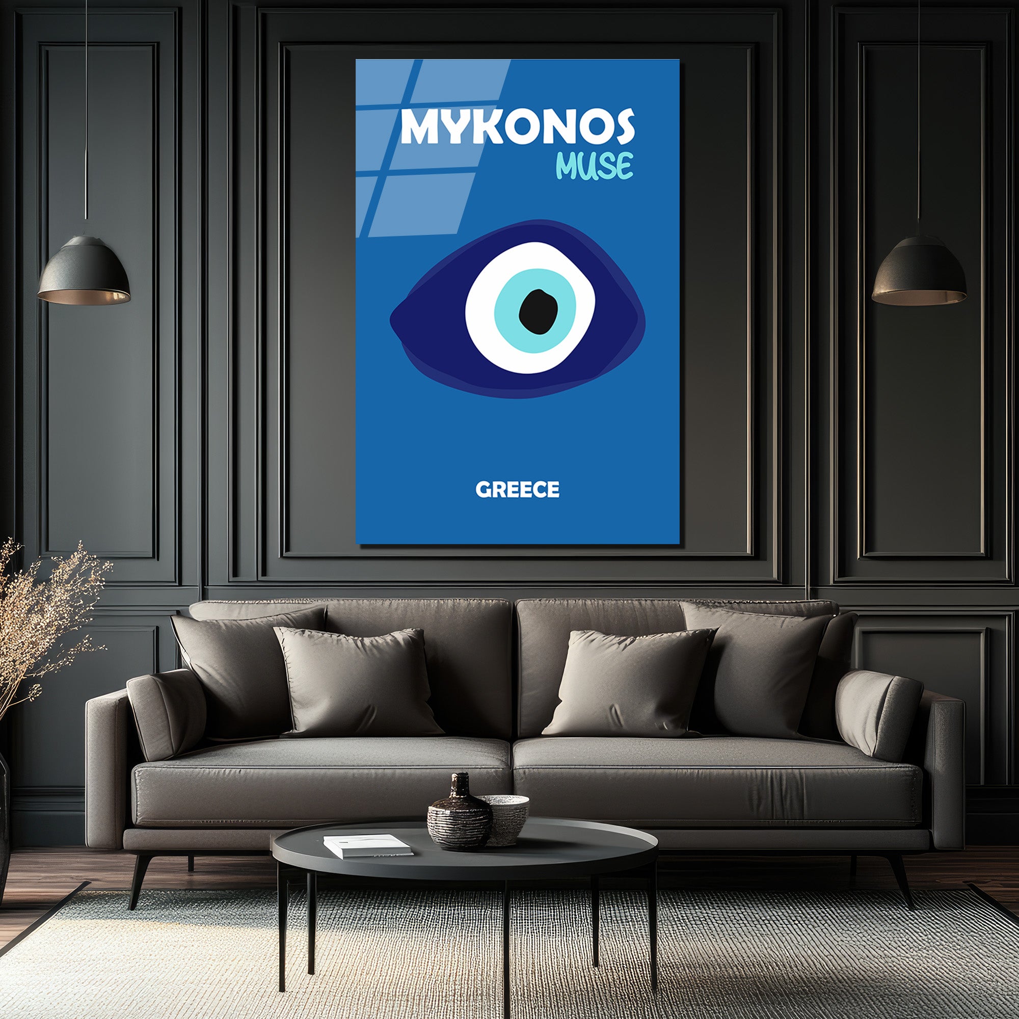 Mykonos Muse Nazar Boncuğu Temalı Mavi Cam Tablo