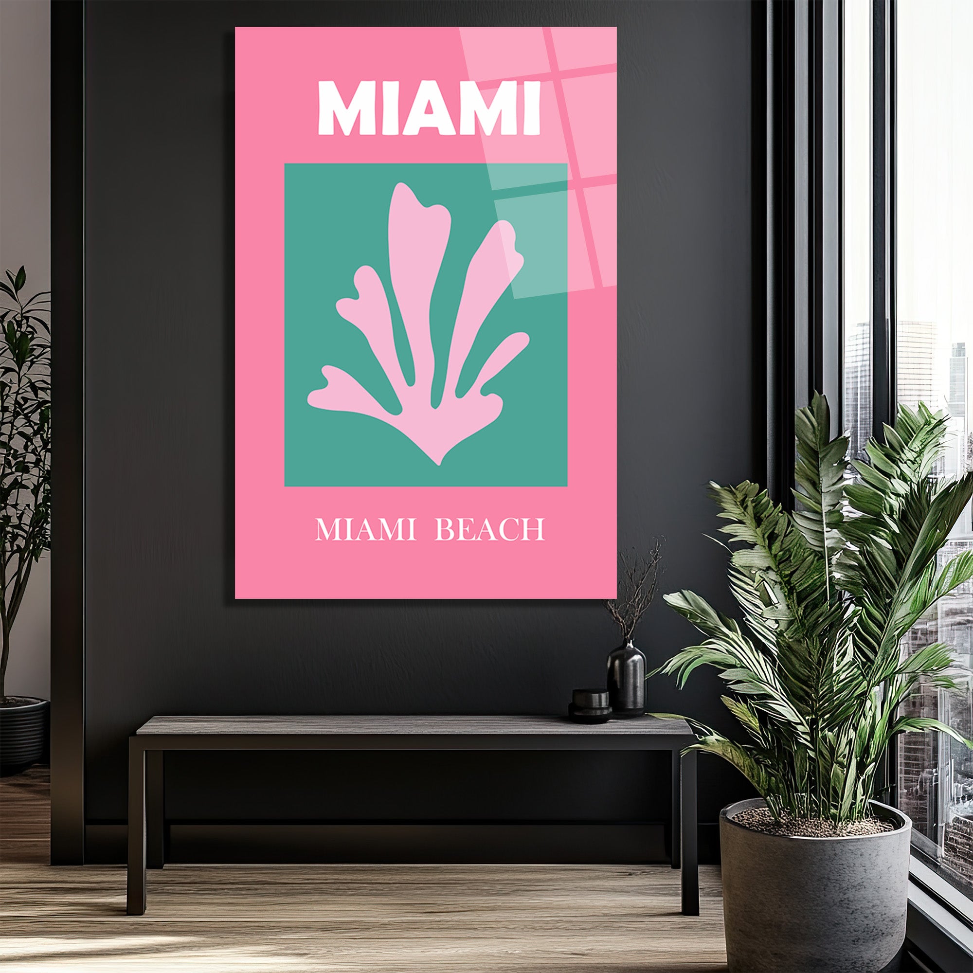 Miami Beach Tropikal Mercan Tasarımı Modern Cam Tablo