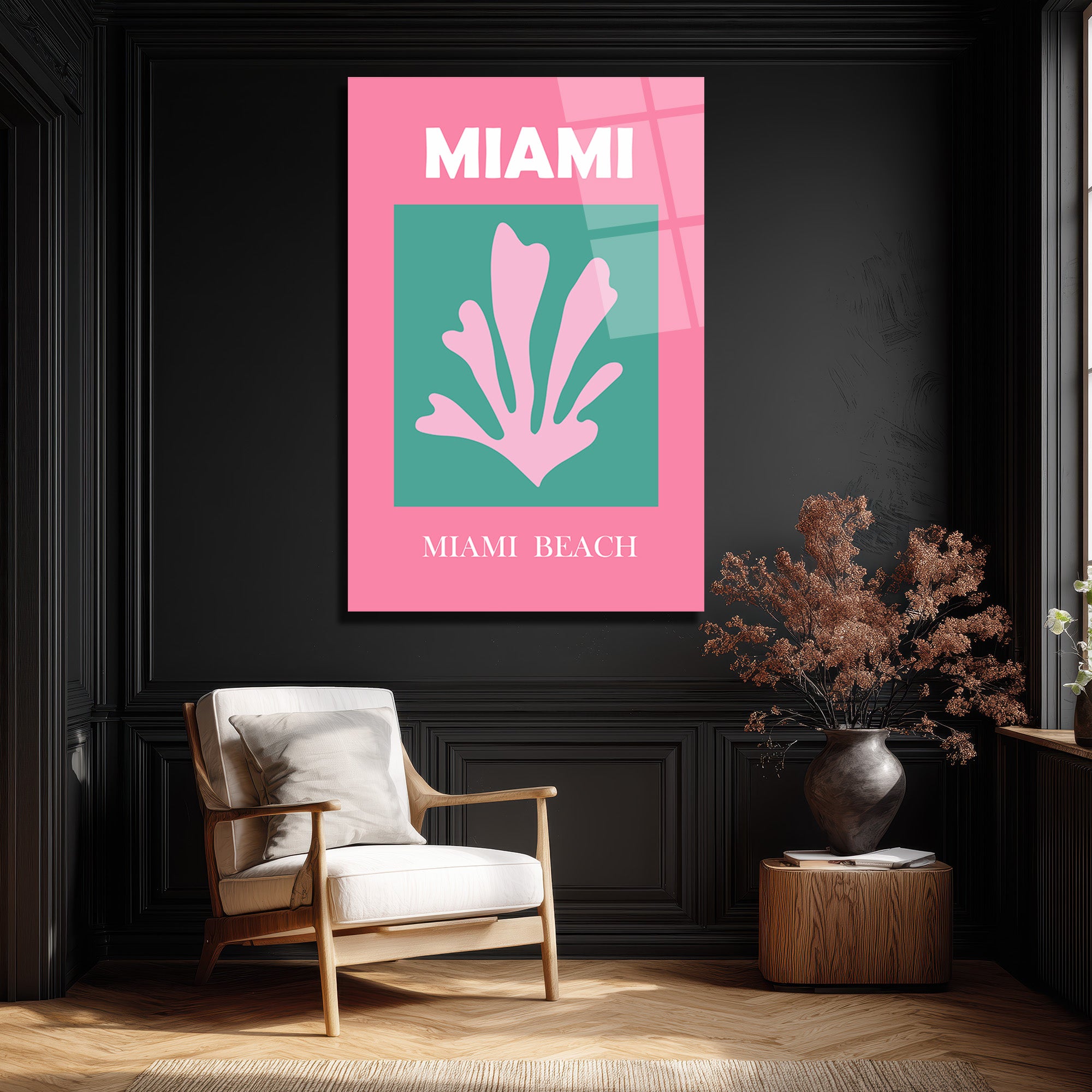 Miami Beach Tropikal Mercan Tasarımı Modern Cam Tablo