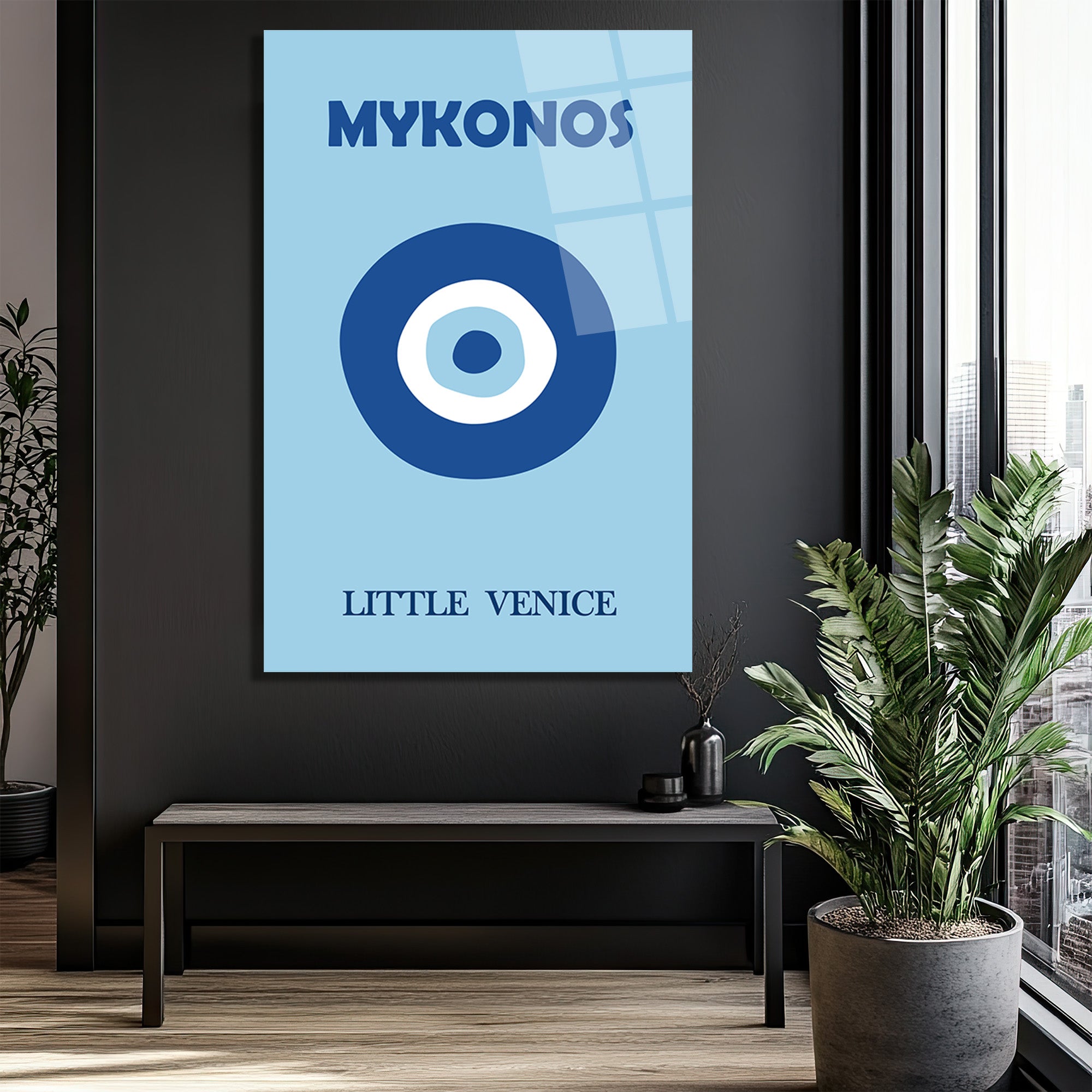Mykonos Nazar Boncuğu Temalı Modern Cam Tablo