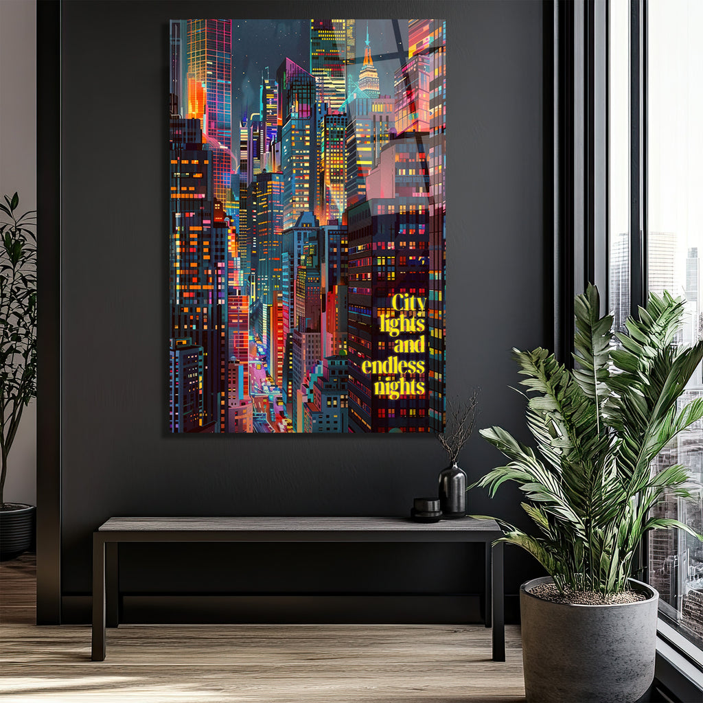 Neon Şehir Işıkları ve Sonsuz Geceler Modern Cam Tablo
