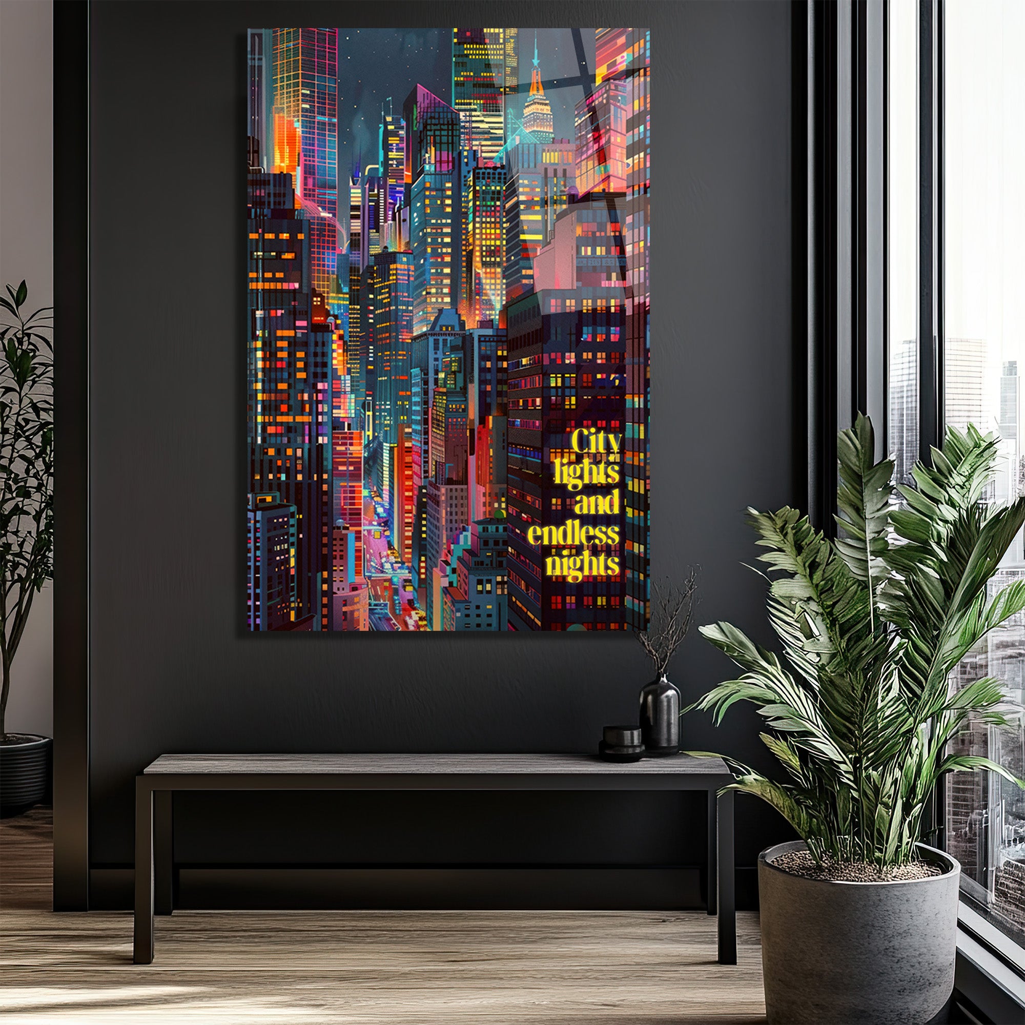Neon Şehir Işıkları ve Sonsuz Geceler Modern Cam Tablo