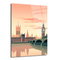 Minimalist tarzda çizilmiş, Big Ben ve Parlamento Binası'nın Thames Nehri üzerindeki köprüyle birlikte gün batımı tonlarında yansıtıldığı bir Londra şehir manzarası cam tablo.