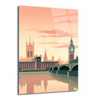Minimalist tarzda çizilmiş, Big Ben ve Parlamento Binası'nın Thames Nehri üzerindeki köprüyle birlikte gün batımı tonlarında yansıtıldığı bir Londra şehir manzarası cam tablo.