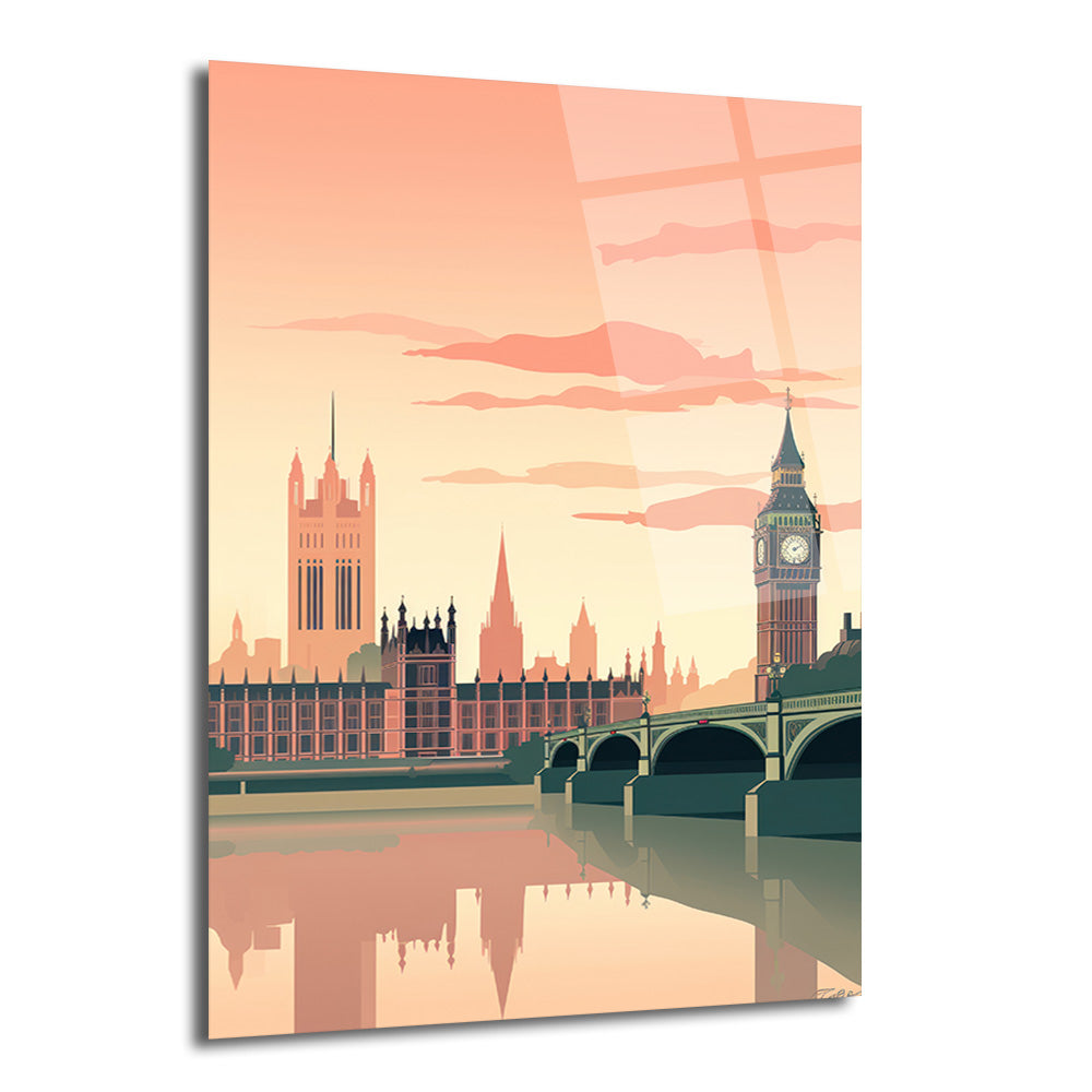 Minimalist tarzda çizilmiş, Big Ben ve Parlamento Binası'nın Thames Nehri üzerindeki köprüyle birlikte gün batımı tonlarında yansıtıldığı bir Londra şehir manzarası cam tablo.