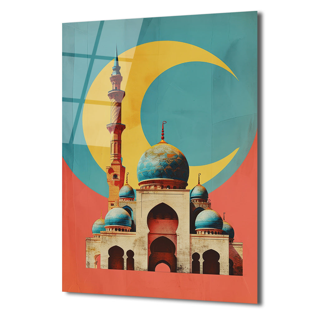 Mistik Hilal ve Cami Temalı Modern Sanat Cam Tablo