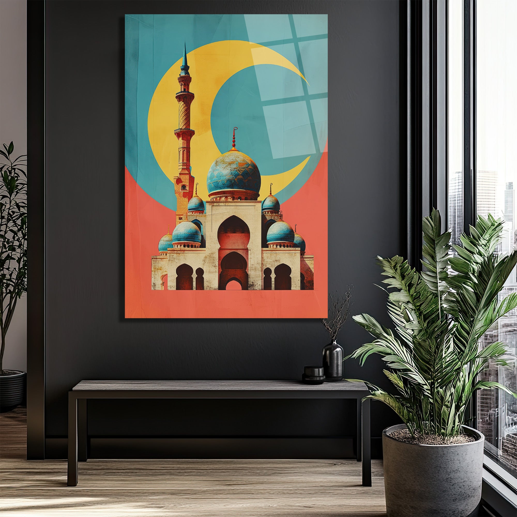Mistik Hilal ve Cami Temalı Modern Sanat Cam Tablo