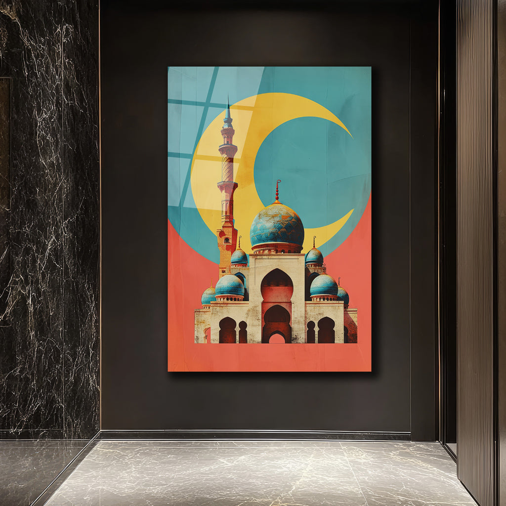 Mistik Hilal ve Cami Temalı Modern Sanat Cam Tablo