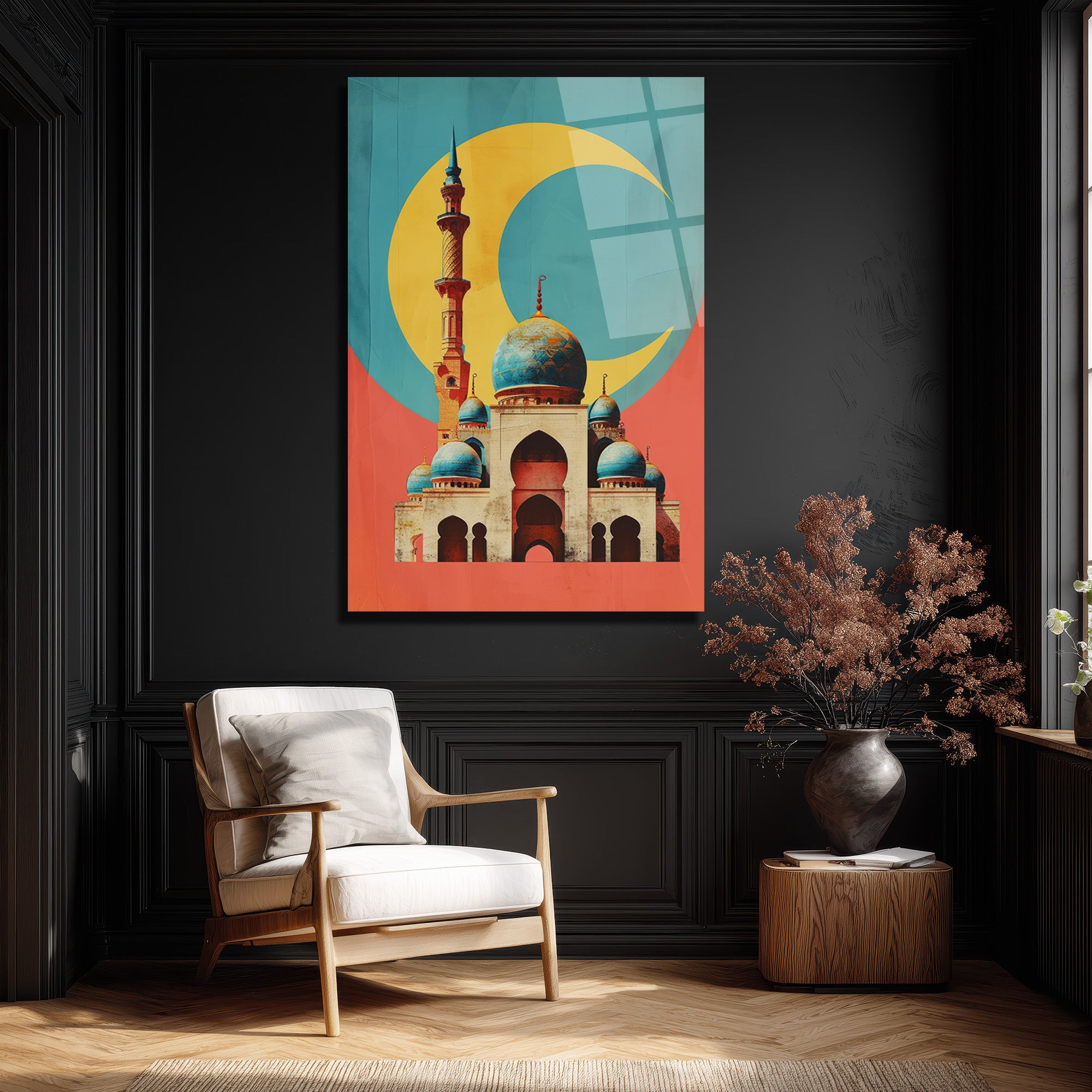 Mistik Hilal ve Cami Temalı Modern Sanat Cam Tablo