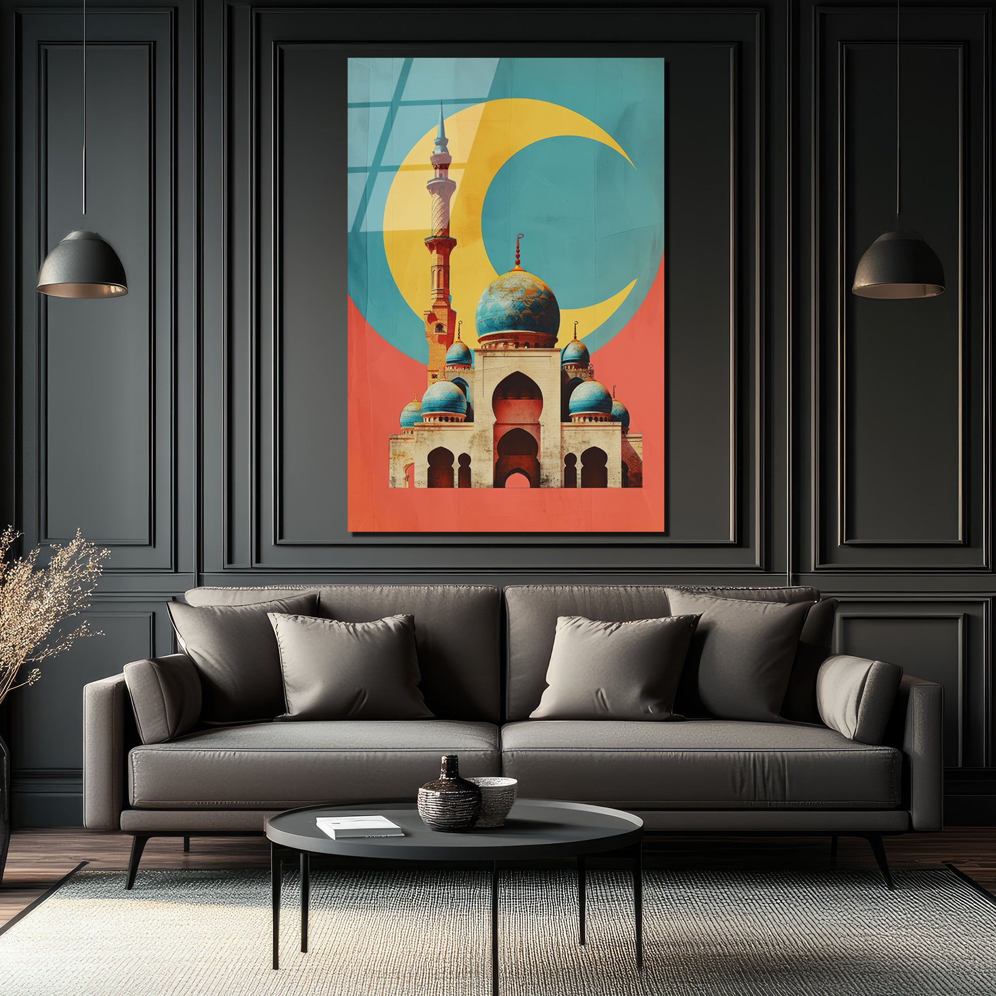 Mistik Hilal ve Cami Temalı Modern Sanat Cam Tablo