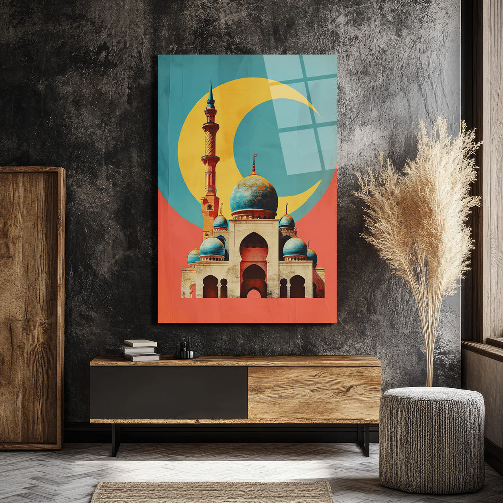 Mistik Hilal ve Cami Temalı Modern Sanat Cam Tablo