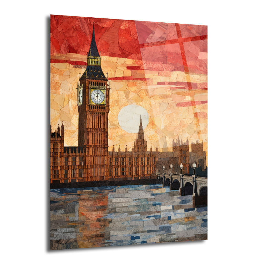 Gün batımında Londra'daki Big Ben saat kulesi ve Parlamento Binası'nın Thames Nehri üzerindeki yansımasını gösteren, kağıt mozaik tekniğiyle yapılmış sanatsal cam tablo. Gökyüzü kızıl ve turuncu tonlarında, su ise gri ve mavi tonlarındadır.