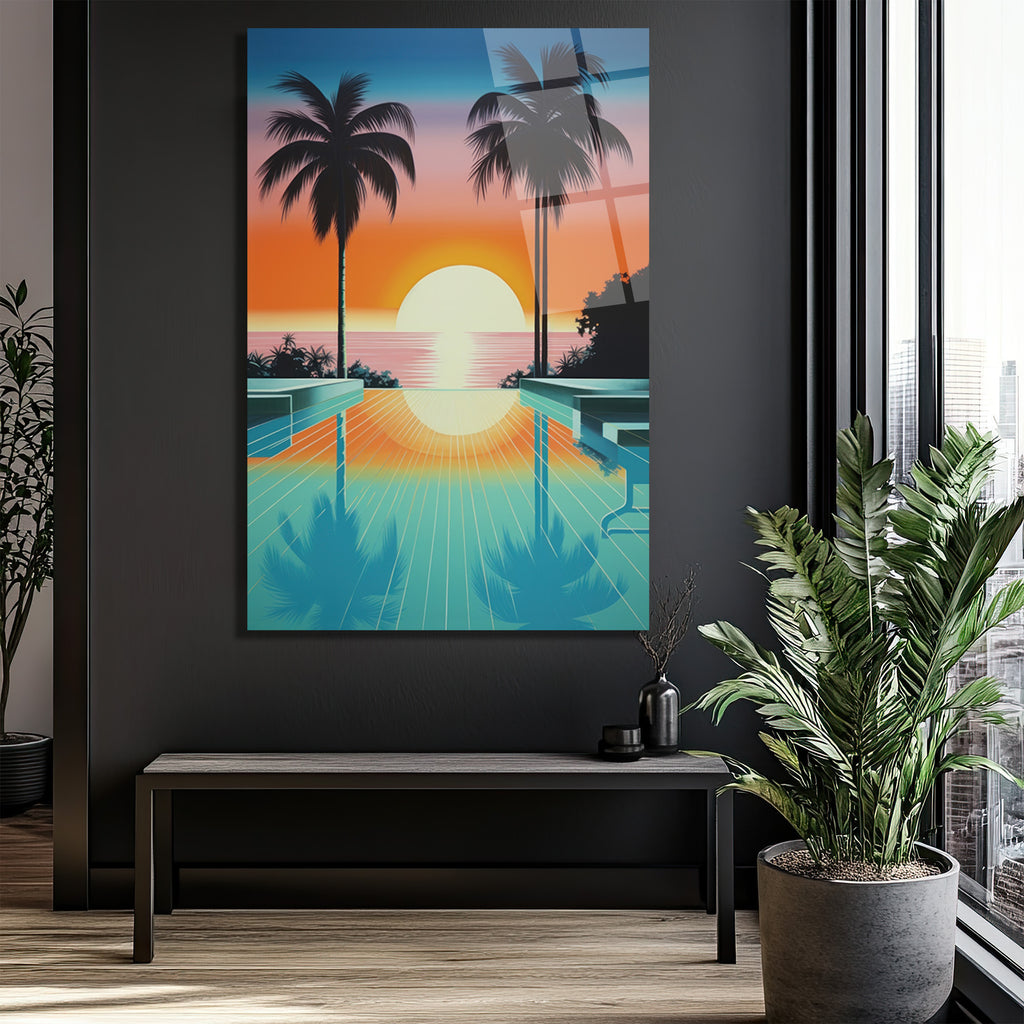 Synthwave Gün Batımı Manzarası Cam Tablo