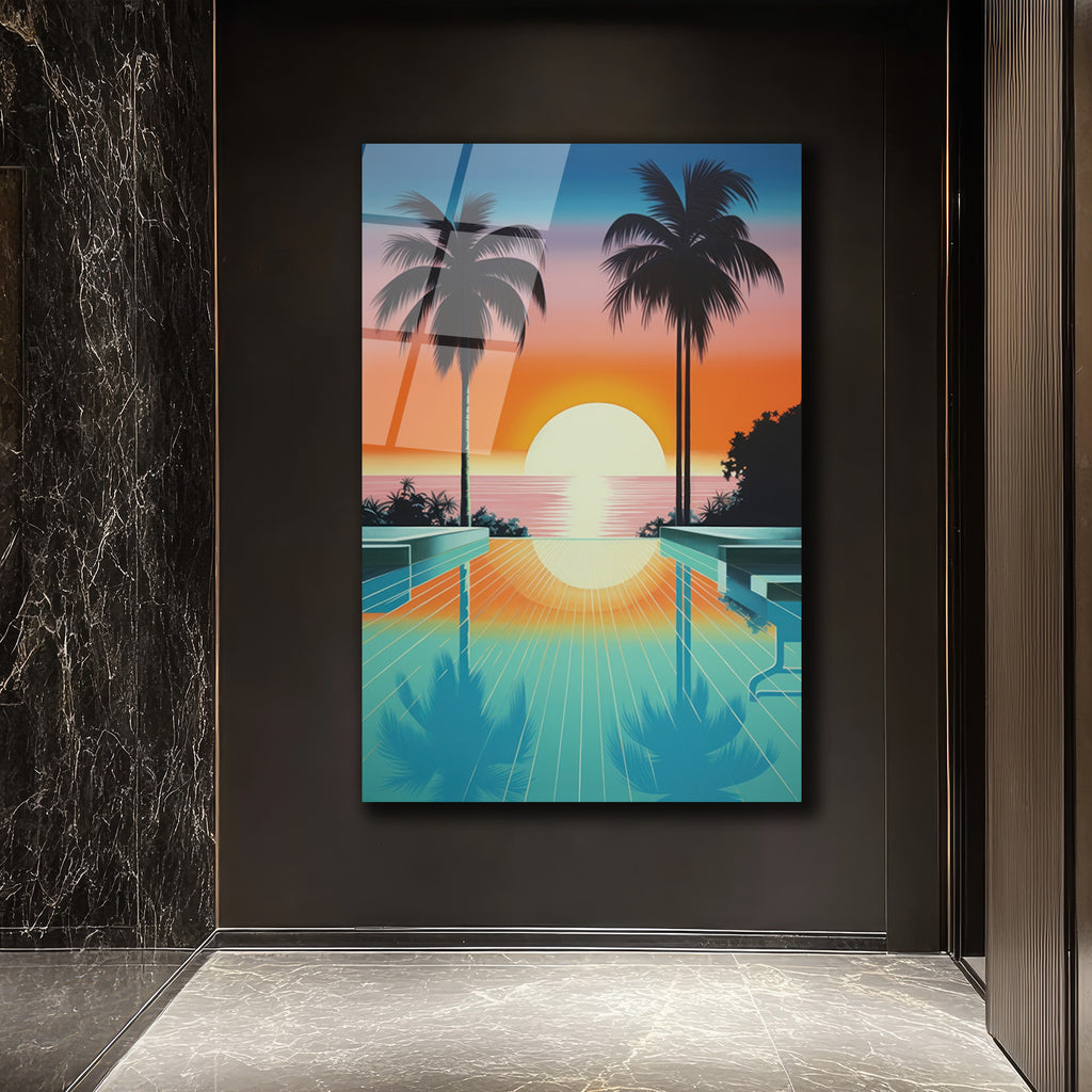 Synthwave Gün Batımı Manzarası Cam Tablo