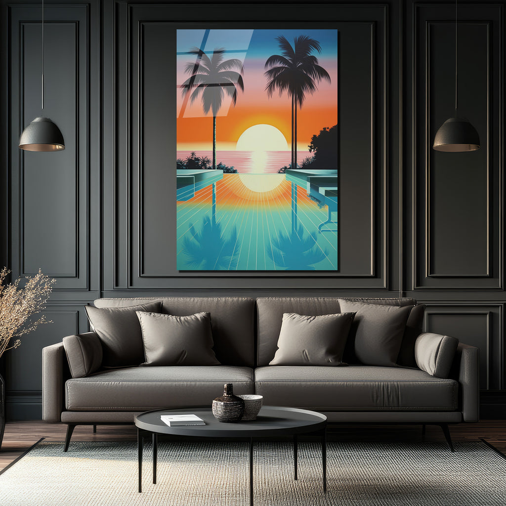 Synthwave Gün Batımı Manzarası Cam Tablo