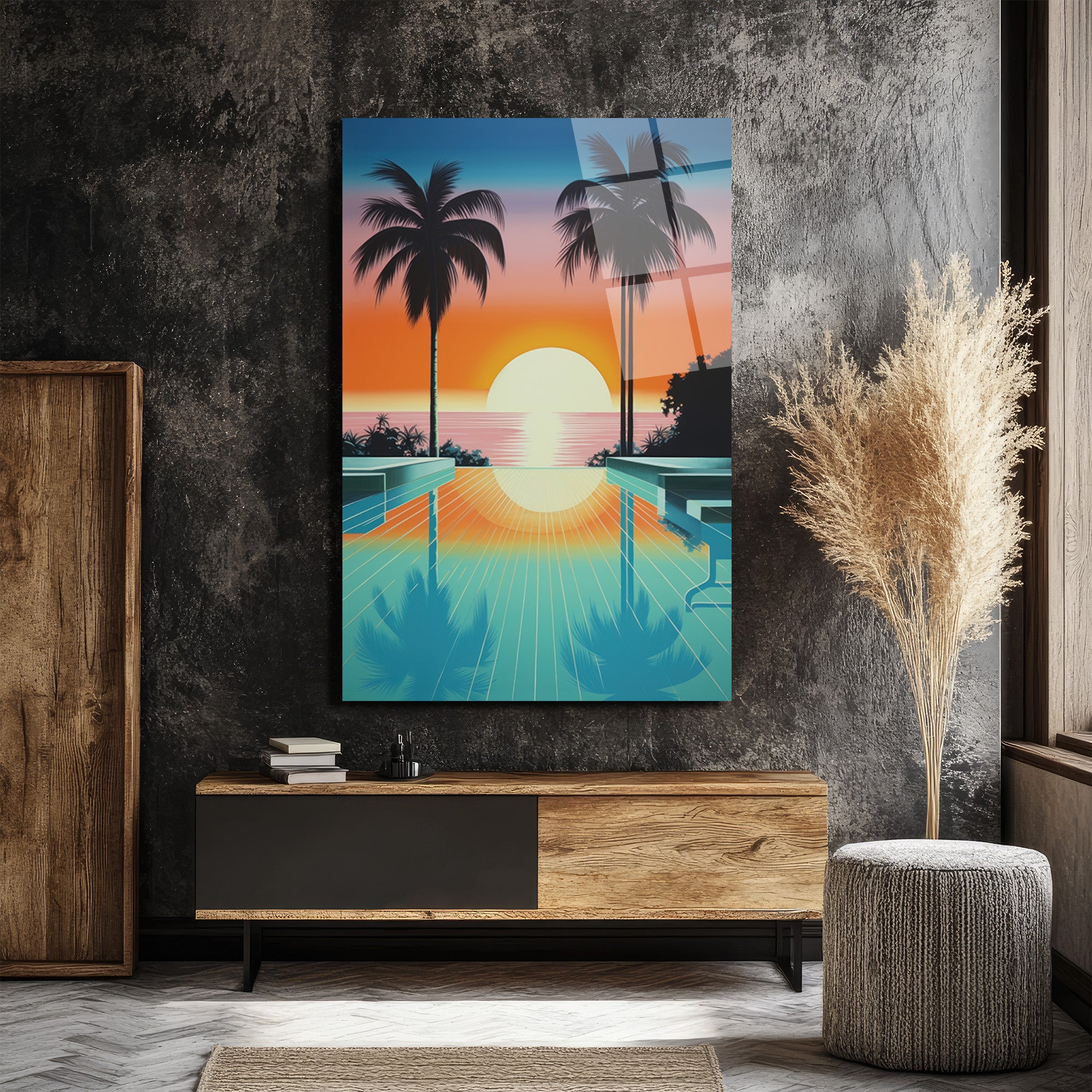 Synthwave Gün Batımı Manzarası Cam Tablo