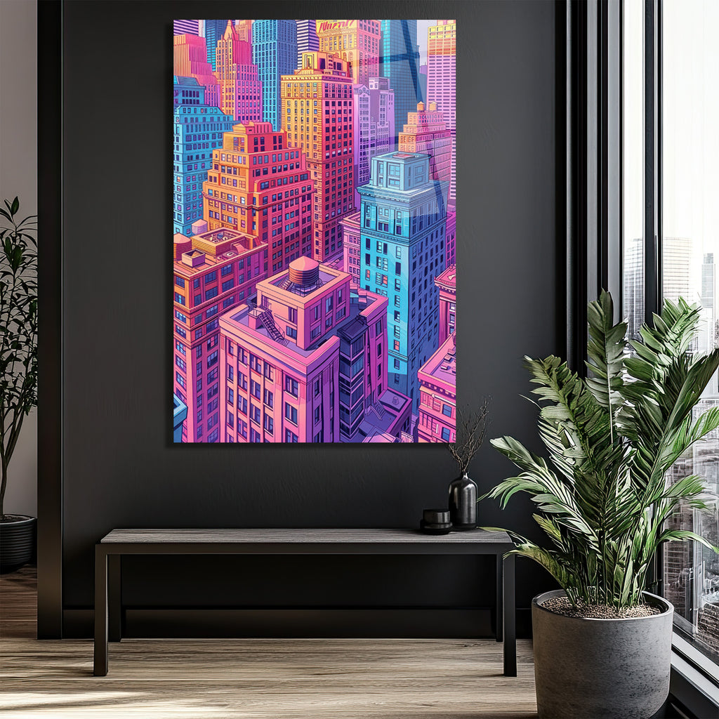 Canlı Şehir Manzarası Pop Art Cam Tablo - Modern Duvar Sanatı