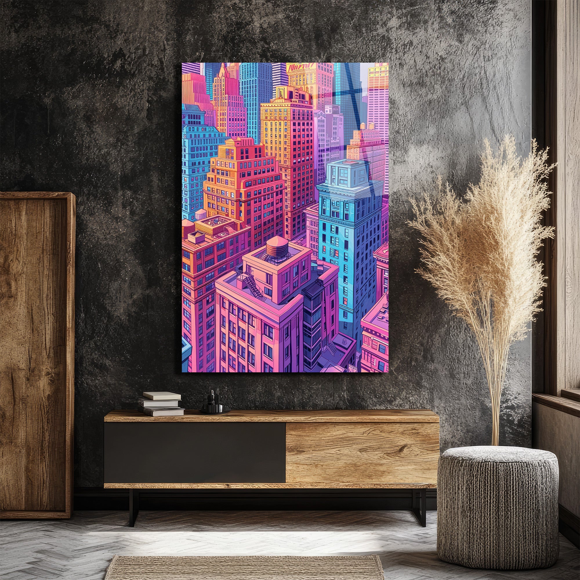 Canlı Şehir Manzarası Pop Art Cam Tablo - Modern Duvar Sanatı