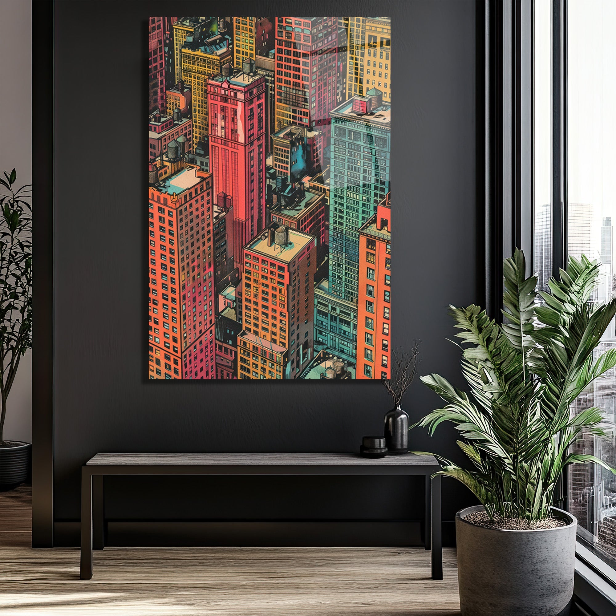 Dinamik Şehir Işıkları Pop Art Cam Tablo