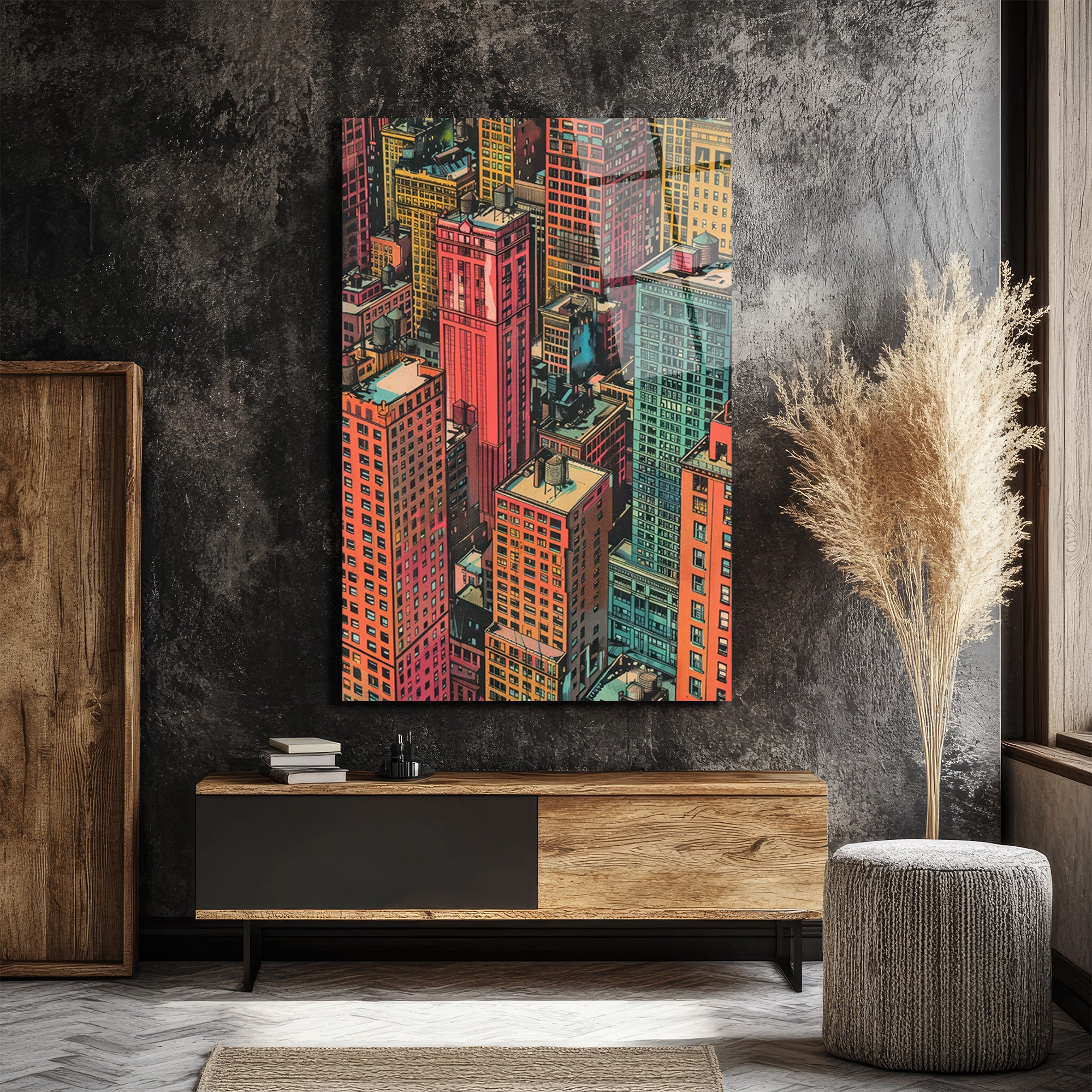 Dinamik Şehir Işıkları Pop Art Cam Tablo