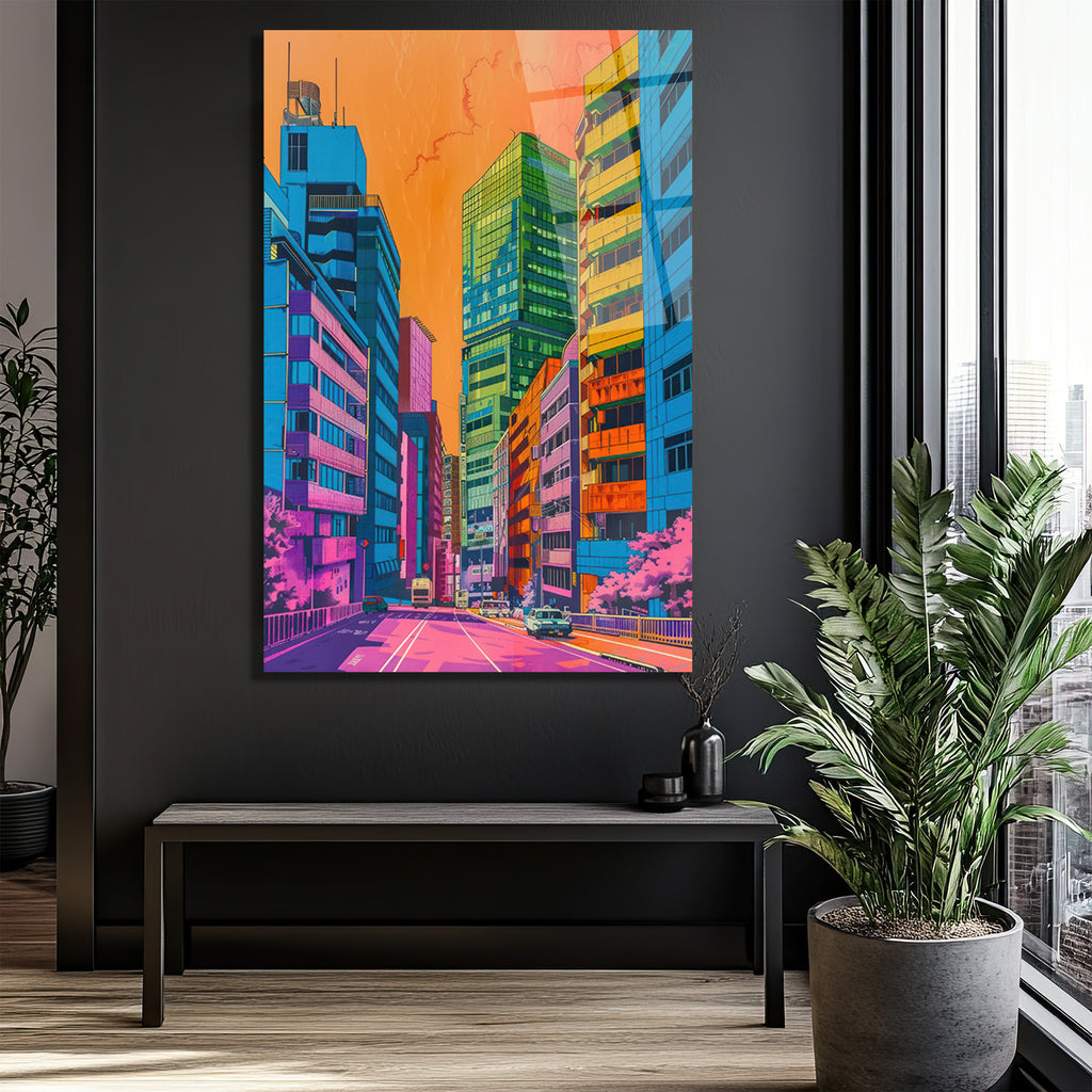 Neon Kent Rüyası: Canlı Şehir Manzarası Modern Cam Tablo