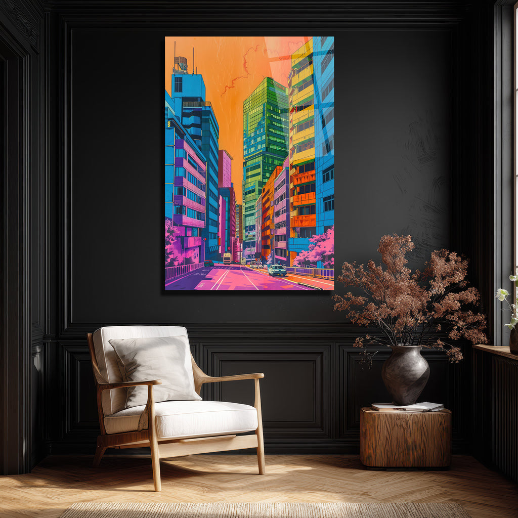 Neon Kent Rüyası: Canlı Şehir Manzarası Modern Cam Tablo