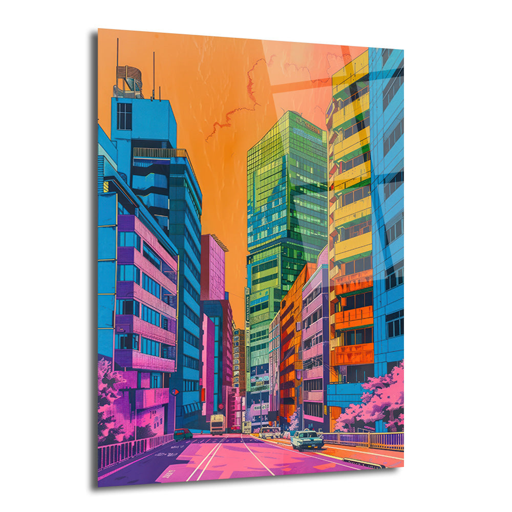 Canlı neon renklerde, yüksek binaların ve hareketli bir caddenin anime tarzında çizildiği modern bir şehir manzarası cam tablo. Turuncu gökyüzü, mavi, pembe ve yeşil tonlardaki binalar, mor bir yol ve üzerinde seyreden araçlar görülüyor.