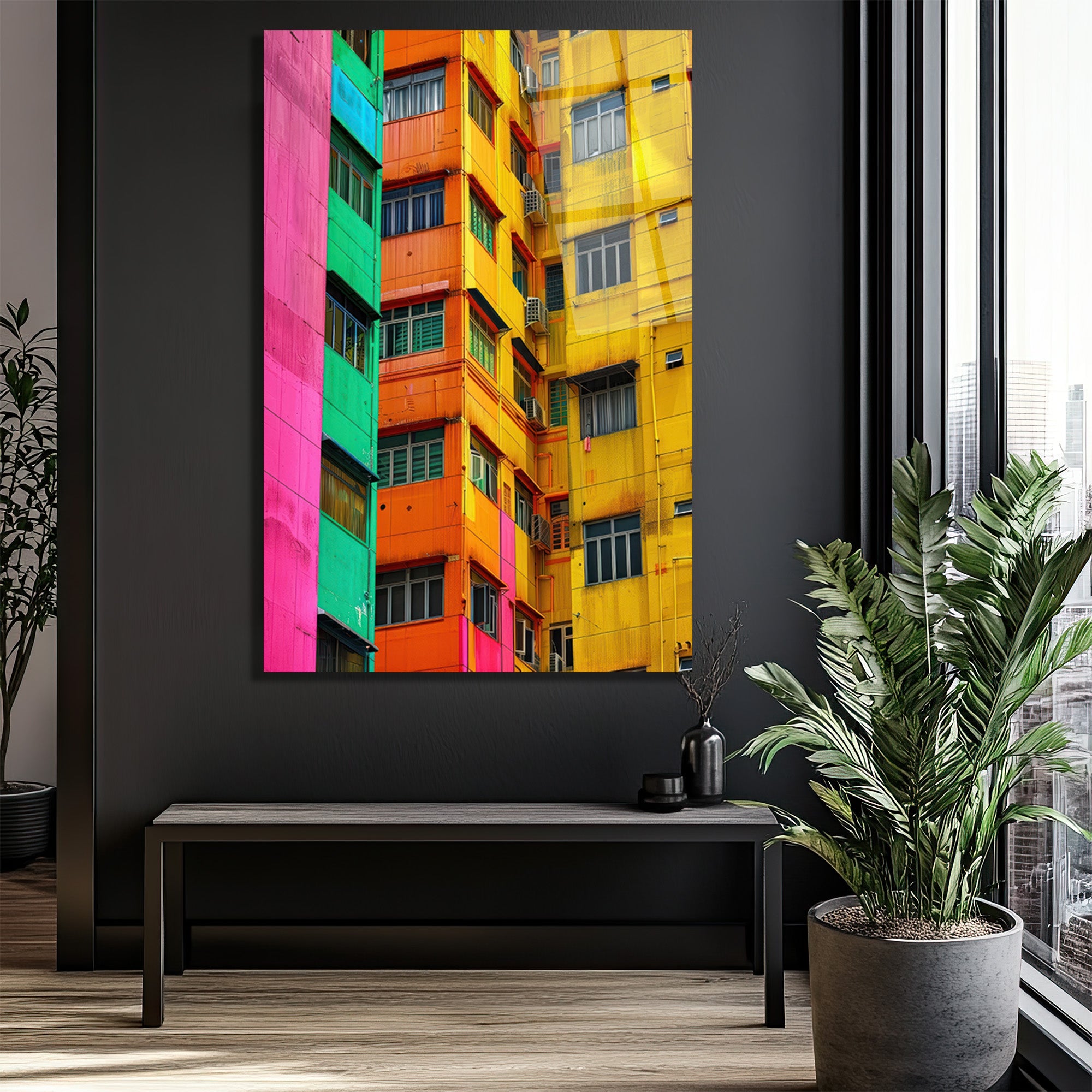 Rengarenk Şehir Dokusu Modern Cam Tablo