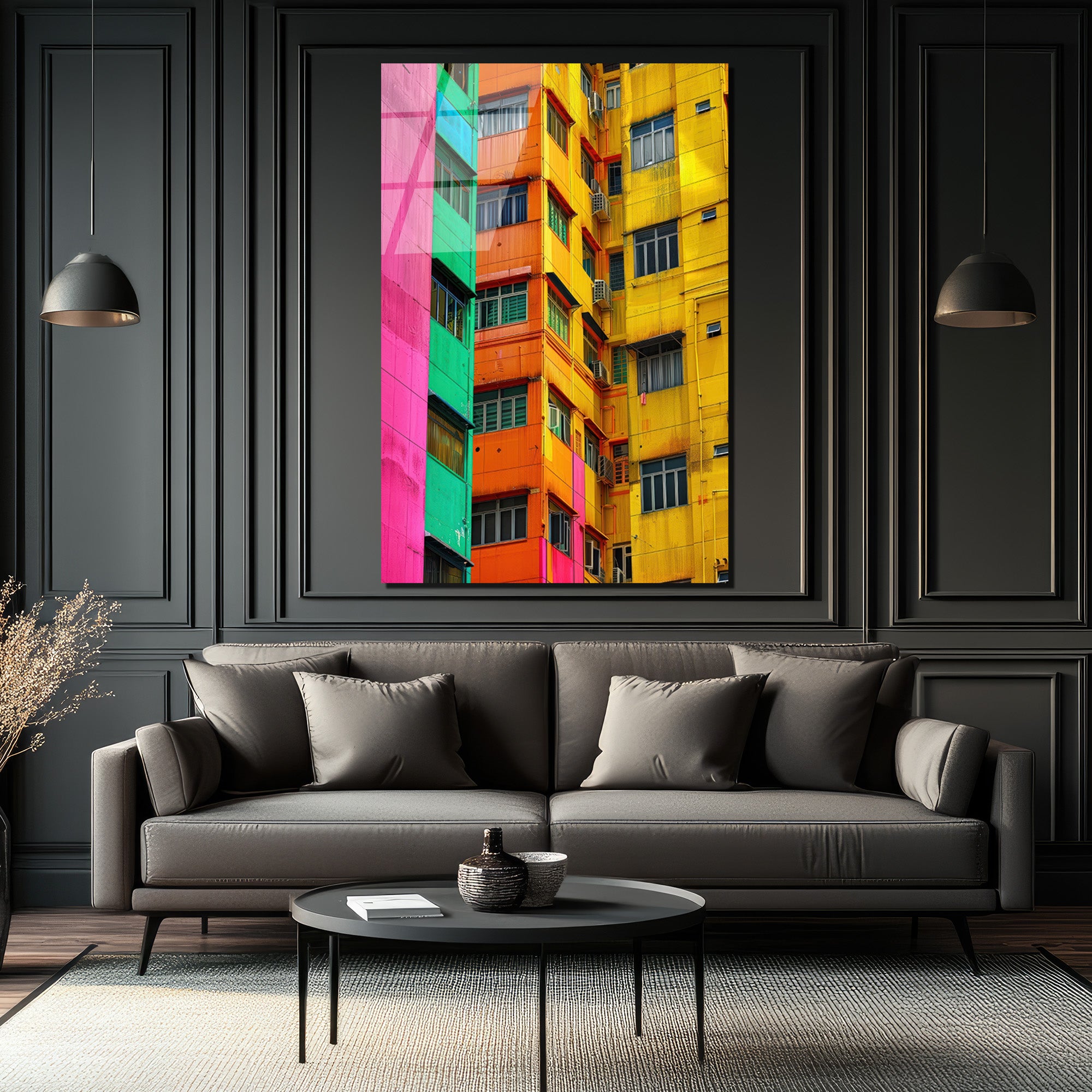 Rengarenk Şehir Dokusu Modern Cam Tablo