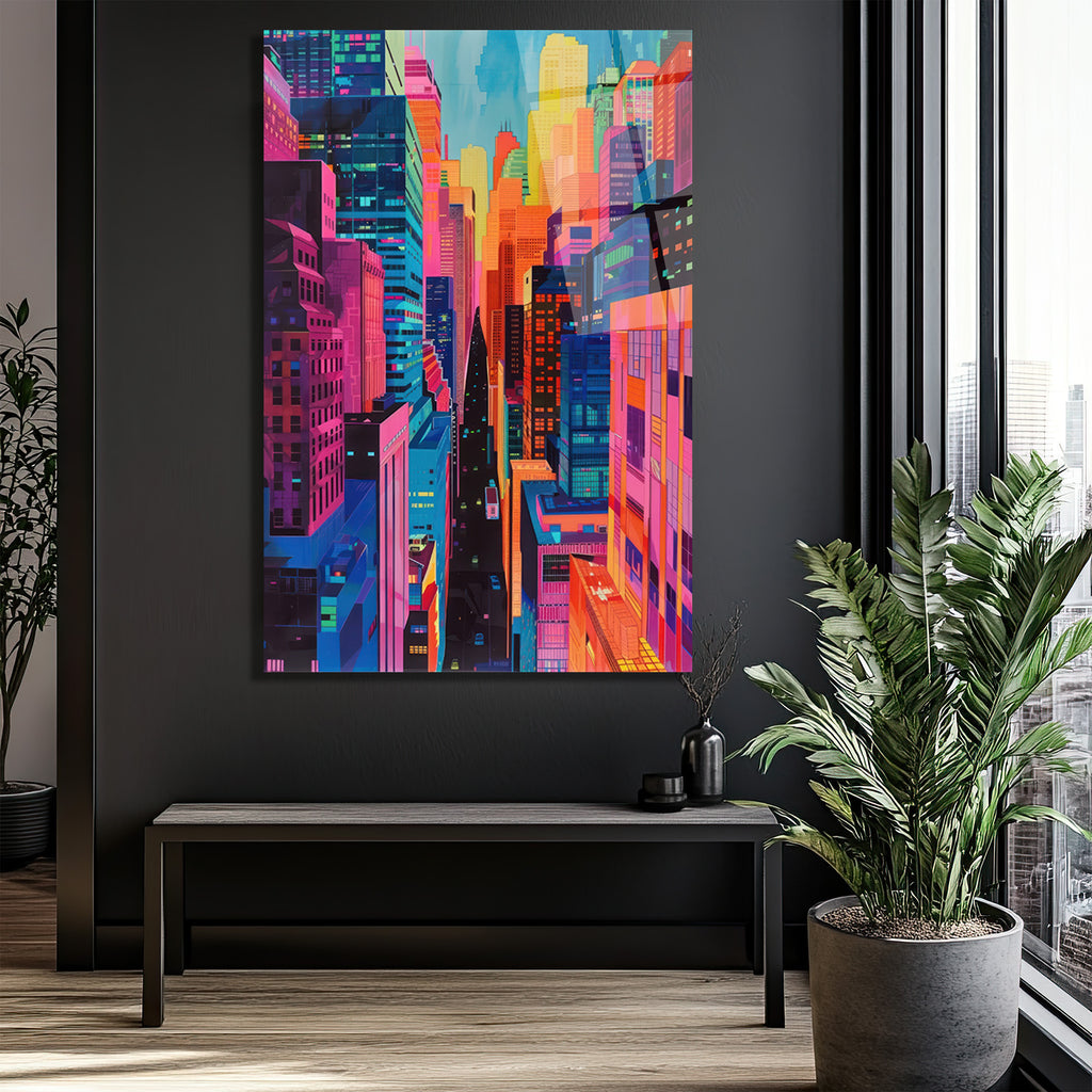 Neon Şehir Manzarası Cam Tablo - Modern Sanatın Kalbi