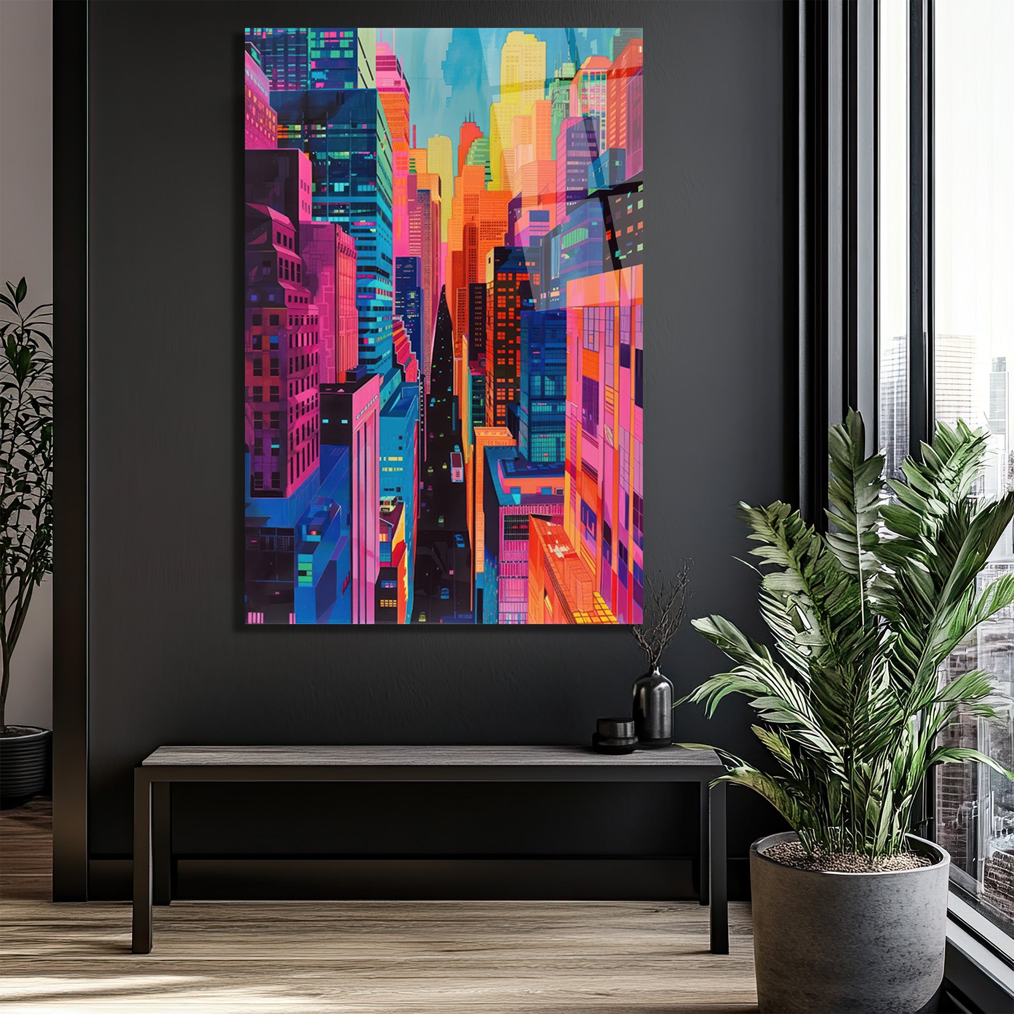 Neon Şehir Manzarası Cam Tablo - Modern Sanatın Kalbi