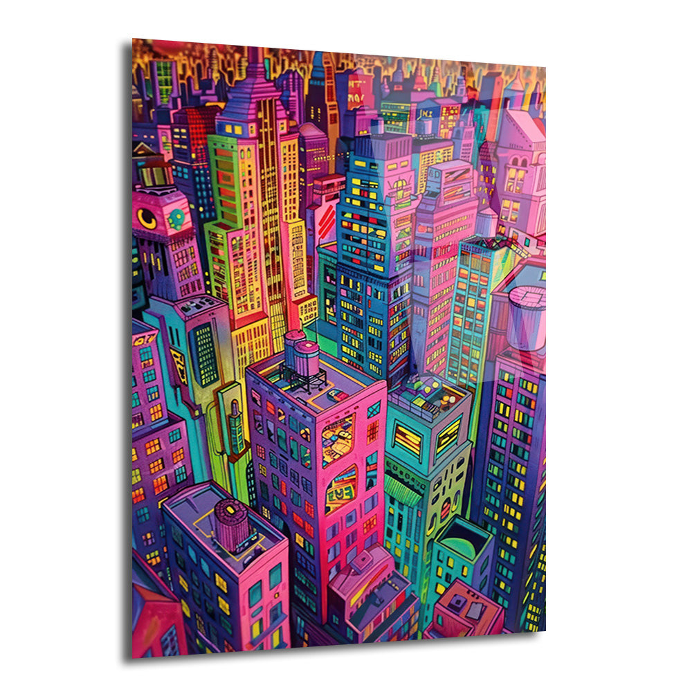 Canlı neon pembe, mavi, yeşil ve mor tonlarında, yukarıdan çekilmiş bir şehir manzarasını gösteren modern cam tablo. Binaların pencerelerinden sızan ışıklar ve dinamik renk geçişleri dikkat çekiyor.